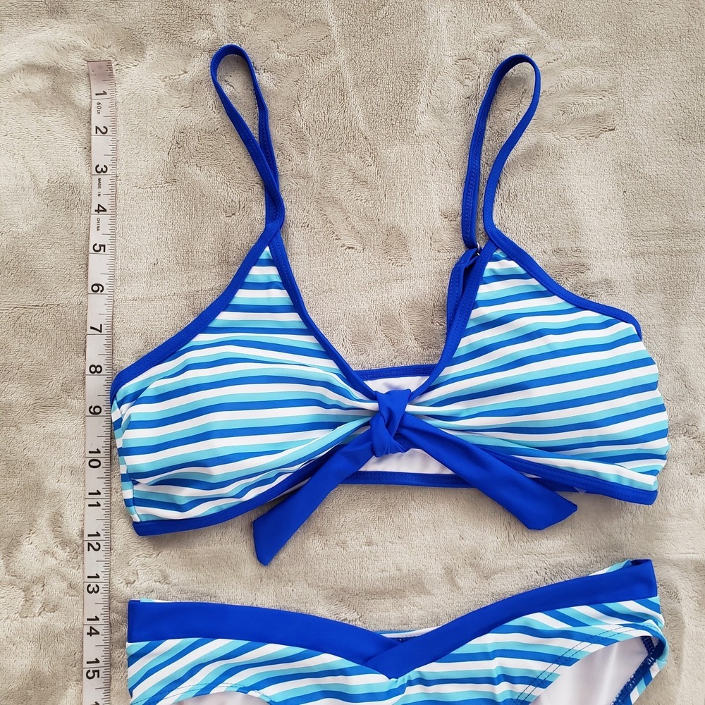 Striped Bikini Set MEDIUM Preppy Coastal Nautical Resort Vacation Tie Front Blue